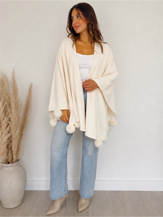 Vintage Jackets & Blazers - BAYA Paris Vintage Wool & Cashmere Fox Fur Pom Pom Cape Wrap Shawl France Europe